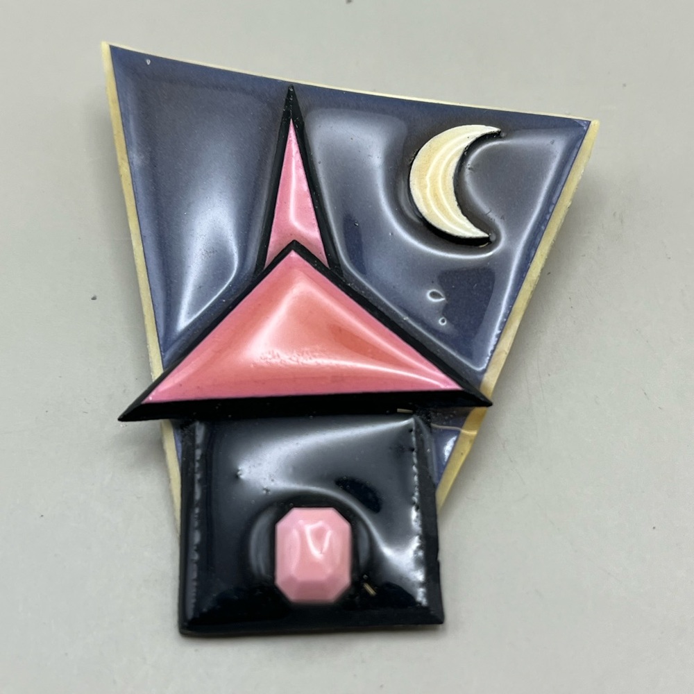 Geometric Brooch with Pink and Black Design Nightime Scene